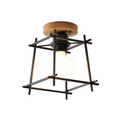 1 Bulb Corridor Mini Flush Mount Simple Black Ceiling Lighting with Trapezoid Metal/Wood Frame