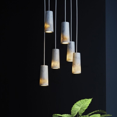 1 Bulb Restaurant Drop Pendant Light Minimalism White Hanging Lamp Fixture with Tube Marble Shade
