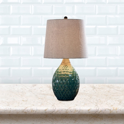 1 Head Nightstand Light Vintage Honeycomb Vase Ceramic Table Lamp in Silver Grey/Beige with Fabric Shade