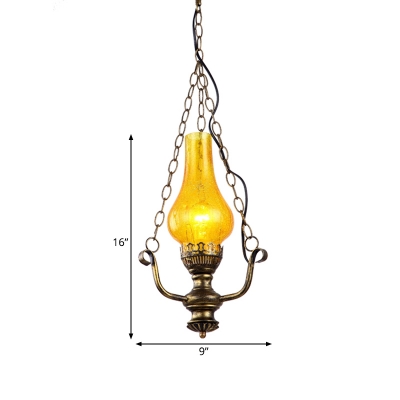 1 Head Suspension Pendant Industrial Dining Room Hanging Light Kit with Vase Amber Crackle Glass Shade in Brass