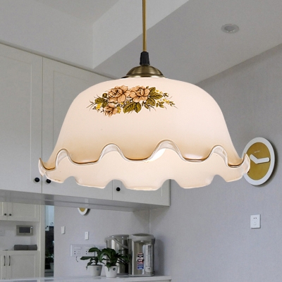 1 Light Drop Pendant Light Antiqued Restaurant Hanging Lamp Kit with Flower White Glass Shade