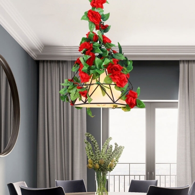 1-Light Fabric Hanging Pendant Countryside Red/Pink Flower/Leaf Snack Bar Ceiling Suspension Lamp with Pyramid Cage