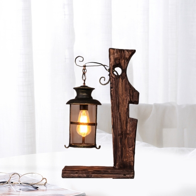 1 Light Table Lamp Warehouse Bedroom Wood Desk Lighting with Cylinder Clear Glass Shade in Black