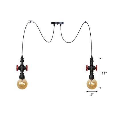2/3/6 Heads Orb Multi-Light Pendant Vintage Black Amber Glass Swag LED Suspension Lamp with Valve Deco