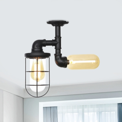 2-Head Clear Glass Semi Flush Industrial Black Cage and Ball/Capsule Restaurant Flush Mount Ceiling Lamp
