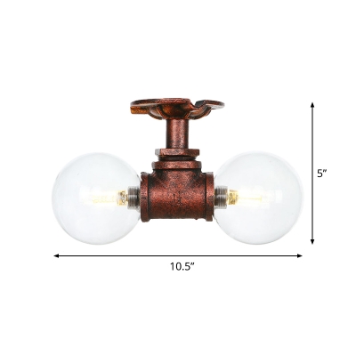 2 Heads Orb Semi Flush Lighting Industrial Copper Clear Glass LED Ceiling Mounted Fixture