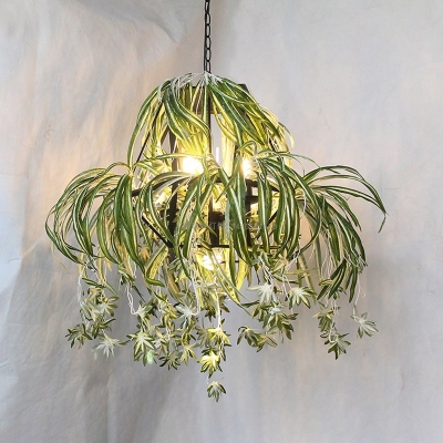 5-Light Round Cage Chandelier Lamp Industrial Green Iron Hanging Ceiling Light with Plant Decor