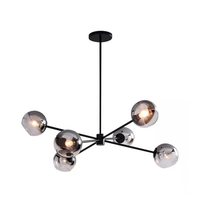 6-Bulb Living Room Hanging Chandelier Minimalist Black Finish Sputnik Pendant Ceiling Lamp with Ball Smoke Gray Glass Shade