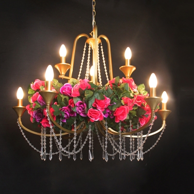 Antique Candelabra Chandelier Lighting 9 Lights Iron Flower Suspension Pendant Light in Gold with Crystal Drop