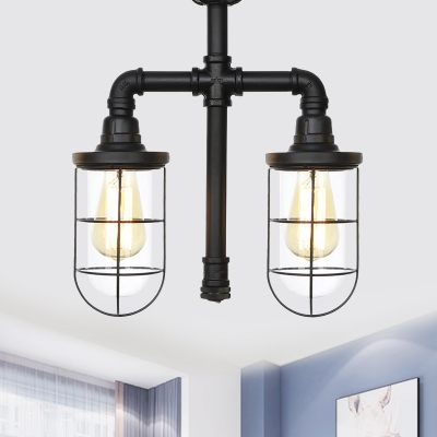 Antiqued Wire Cage Semi Flush Light Fixture 2-Light Clear Glass Flushmount Lighting in Black