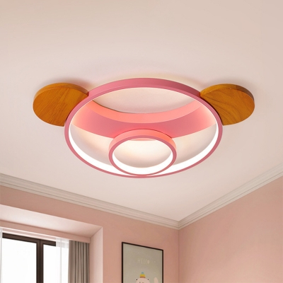 Bear Head Flush Mount Lamp Cartoon Metal Pink/Blue and Wood LED Ceiling Fixture in Warm/White Light, 16