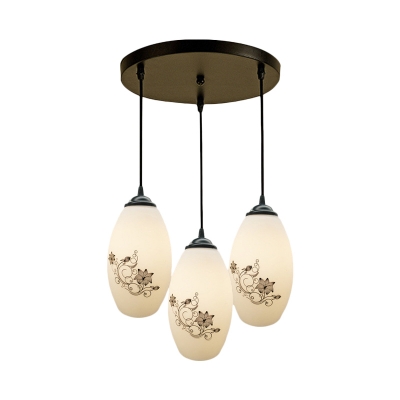 Black 3 Heads Multi Pendant Countryside White Glass Elongated Domed Hanging Light Fixture with Petal Pattern, Round/Linear Canopy