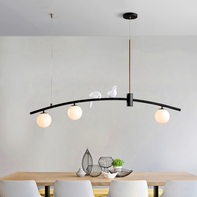 Black-Gold Curved Rod Island Pendant Modern 3 Bulbs Metal Hanging Lamp with Ball Glass Shade and Bird Decor