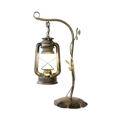 Brass Kerosene Table Light Coastal Frosted Glass 1-Light Bedroom Desk Lamp with Curvy Arm