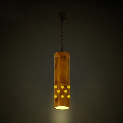 Brown 1 Head Hanging Ceiling Light Loft Style Bamboo Etched Cylinder Suspension Pendant