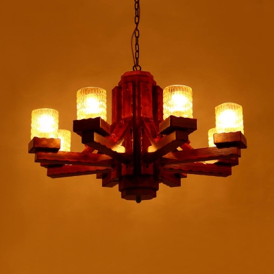 Brown Cylinder Hanging Chandelier Country Yellow Dimple Glass 8 Bulbs Living Room Ceiling Fixture with Wood Arm