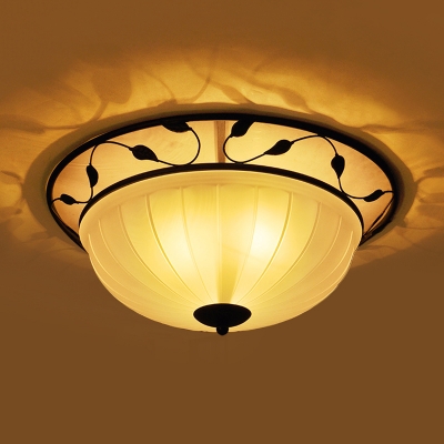 Classic Bowl Flush Mount Lamp 3-Light White Glass Close to Ceiling Light with Leaf Pattern