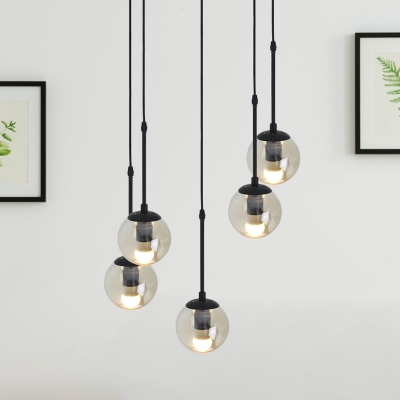 Clear Glass Cluster Ball Pendant Retro 3/5-Head Dining Room Ceiling Suspension Lamp with Round/Linear Canopy in Black