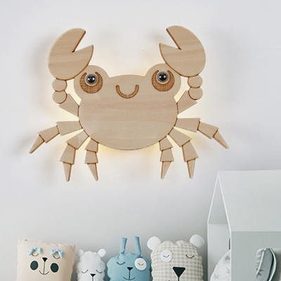 Crab Shaped Wood Flush Wall Sconce Cartoon LED Beige Wall Lighting Ideas for Bedroom
