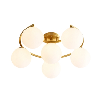 Cream Glass Ball Semi Flush Light Fixture Modernist 3/6/8-Light LED Flushmount Lamp in Gold with Moon Design