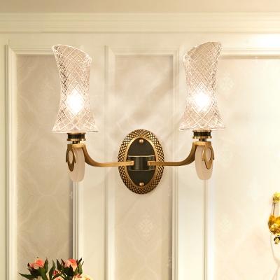 Curvaceous Clear Lattice Glass Wall Lamp Vintage 1/2-Light Living Room Sconce in Brass