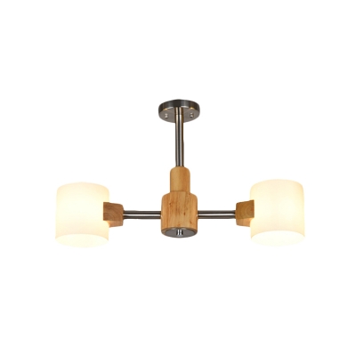 Cylinder White Frosted Glass Semi Flushmount Modernist 2/3 Bulbs Wood and Chrome Flush Ceiling Lighting
