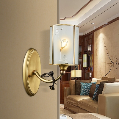 Cylindrical Frosted Glass Panes Sconce Retro Single-Bulb Dining Room Wall Mount Lamp in Brass