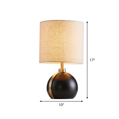 Fabric Cylindrical Night Light Minimalism 1-Head Flaxen Nightstand Lamp with Globe Metal Base