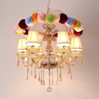 Fabric Pink Pendant Lighting Candelabrum 6 Heads Country Style Chandelier Lamp with Drapes and Floral Ball Ornament