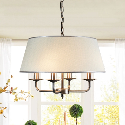 Farmhouse Drum Shape Chandelier Pendant Light 4-Light Fabric Suspension Lamp in White/White-Silver