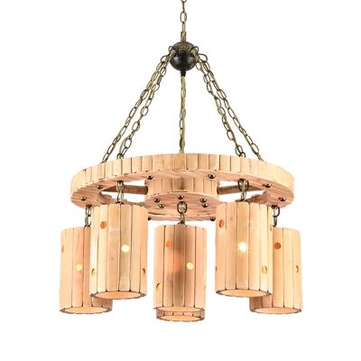 Farmhouse Etched Cylinder Chandelier Light 6 Lights Bamboo Pendant Lighting Fixture in Beige with Wheel Deco