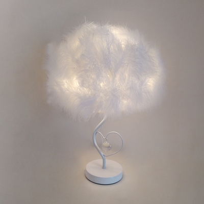 Feather Table Lighting Modernist Fabric 1-Head Bedside Nightstand Lamp in White with Crystal Ball Deco