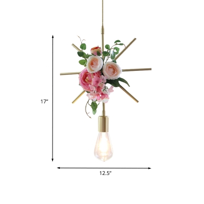 Gold 1 Head Pendulum Light Farmhouse Metal Round/Square/Rectangle Frame Hanging Pendant with Pink Artificial Rose Decor