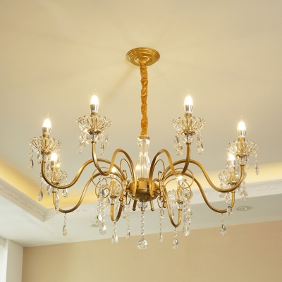 Gold Candelabra Pendant Chandelier Traditional Crystal 6/8-Head Dining Table Hanging Light with Undulated Arm