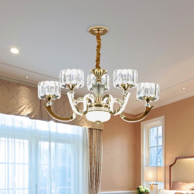 Gold Drum LED Hanging Chandelier Modernist Crystal Block 3/5-Head Living Room Suspension Pendant