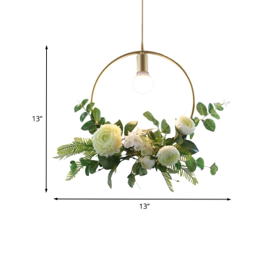 Green Flower Suspension Light Countryside Iron 1-Light Dining Room Ceiling Pendant with Round/Linear/Rectangle Frame