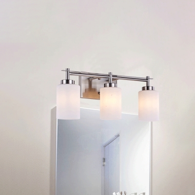 Iron Chrome Finish Vanity Lighting Linear 3/4 Heads Bathroom Wall Sconce with Cylindrical White Glass Shade
