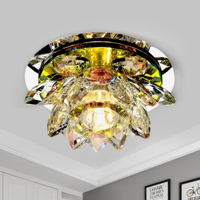 Lotus Foyer Flush Mount Light Minimalist Crystal LED Chrome Ceiling Fixture in Warm/White Light