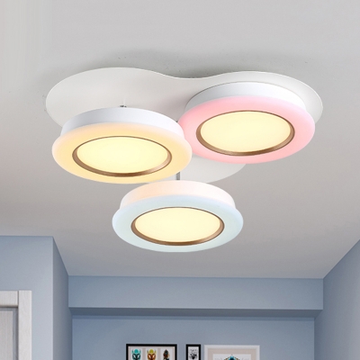 Macaron Round Flush Mount Acrylic 3 Heads Kids Bedroom LED Flush Ceiling Light in White-Pink-Yellow, Warm/White Light