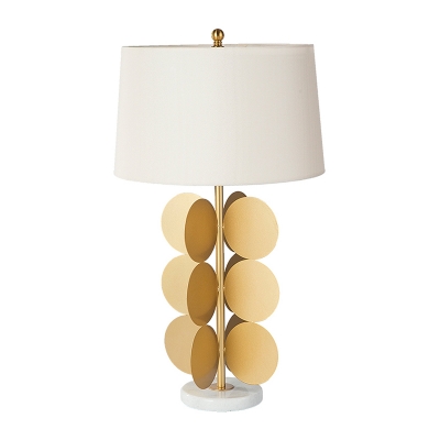 Mid Century Tapered Drum Shade Table Lamp 1-Light Fabric Nightstand Lighting in White with Gold Circles Base