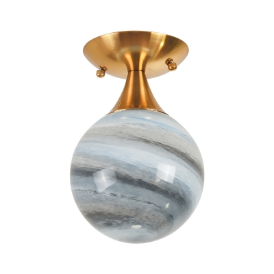Mini Ball Gradient Blue Glass Semi Flush Postmodern 1 Light Brass Ceiling Mounted Lamp