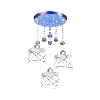 Modern Square Cluster Pendant Light 3 Heads White Glass Hanging Lamp with Clear Crystal Ball