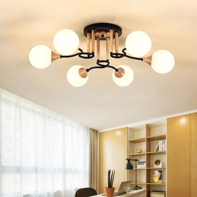 Modernism Sphere Semi Flush Light Fixture Opal Glass 3/6 Lights Dining Room Ceiling Mounted Lamp in Black and Wood