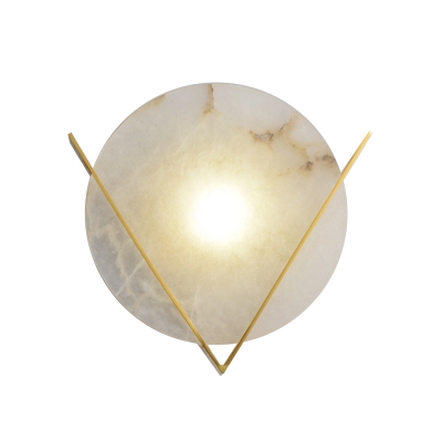 Round Panel Sconce Lighting Post Modern Marble 1 Head Bedside Wall Lamp Fixture with Brass V-Shape Deco