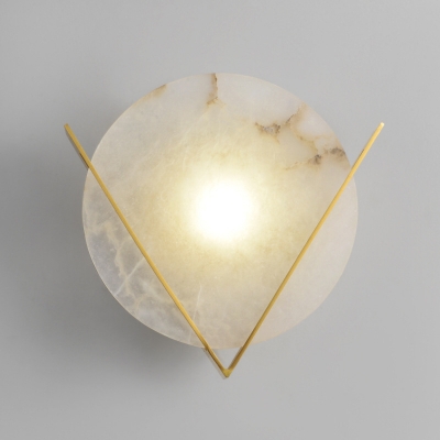 Round Panel Sconce Lighting Post Modern Marble 1 Head Bedside Wall Lamp Fixture with Brass V-Shape Deco