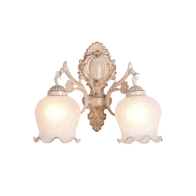 Rural Bellflower Wall Lamp 1/2-Light Opal Frosted Glass Sconce with Ruffle Edge in White