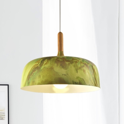 Single Aluminum Pendant Light Kit Nordic White/Wood/Green Wide Bowl Sitting Room Hanging Lamp
