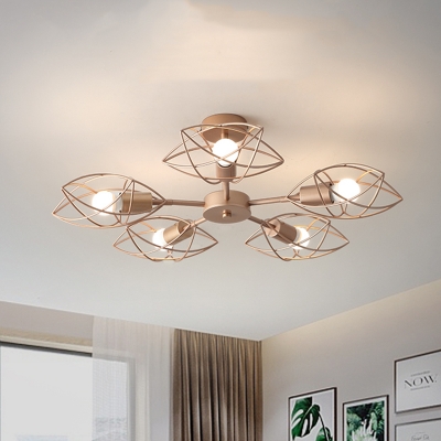Star Shaped Cage Semi Flush Contemporary Iron 5 Heads Rose Gold Ceiling Mount Light Fixture