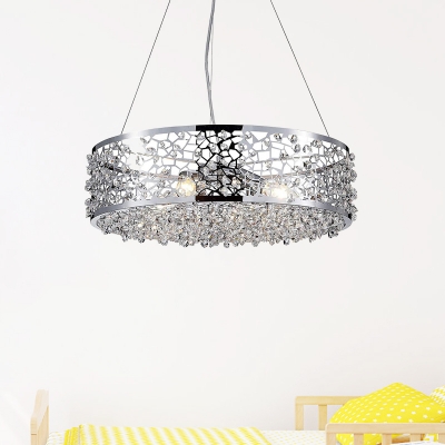 Steel Chrome Ceiling Chandelier Round 4 Heads Minimalism Pendant Light with Crystal Bead Decor