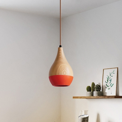 Teardrop Wood Drop Pendant Light Minimalism 1 Bulb Red/Yellow LED Hanging Ceiling Lamp for Bedroom